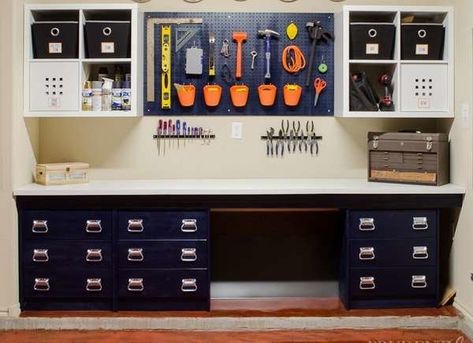 IKEA Shelves Hack Garage Storage Ikea Workshop Ideas, Ikea Shelf Hack, Workbench Diy, Ikea Linnmon, Ikea Rast Hack, Garage Workbench, Ikea Kallax Hack, Garage Renovation, Diy Workbench