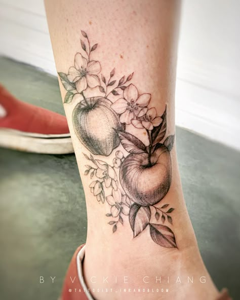 Vickie Chiang on Instagram: “Apples and Apple Blossom tattoo 🍎 #appletattoo #fruittattoo  #inked #tattoos #blacktattoo #appleblossom #floraltattoo #tattoo…” Forbidden Apple Tattoo, Apple Blossom Tattoo Black And White, Apple Tattoo Design, Apple Flower Tattoo, Apple Tree Branch Tattoo, Orchard Tattoo, Apple Branch Tattoo, Crab Apple Tattoo, Apple Tattoo Ideas