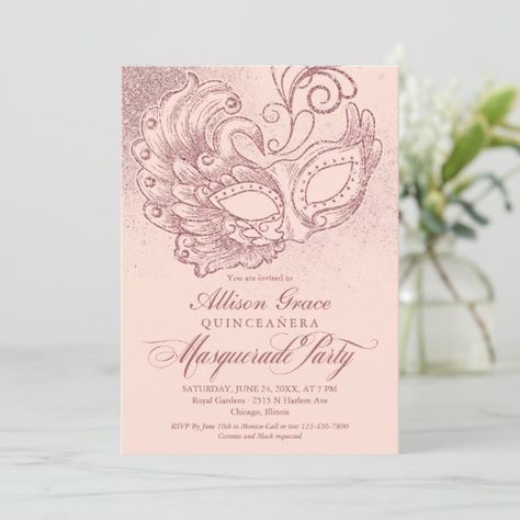 Quinceanera Masquerade Invitation Pink Rose Gold Quinceanera Masquerade, Sweet 16 Masquerade Party, Masquerade Party Mask, Masquerade Invitations, Masquerade Party Invitations, Rose Gold Invitations, 80th Birthday Party, Invitation Pink, Quinceanera Party