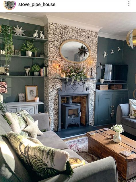 Terraced Cottage Interior, Terraced House Dining Room, Cosy Art Deco Living Room, Mushroom Wall Color Living Room, Alcove Fireplace, Victorian Front Room, Cozy Snug Room Ideas, Edwardian Lounge Ideas, Edwardian Snug