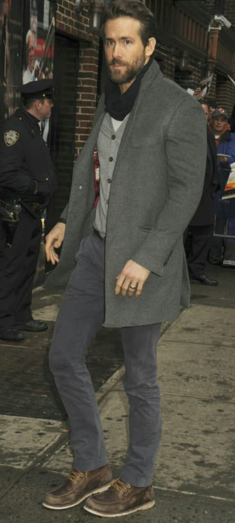 White Crew Neck Undershirt Under Grey Cardigan with Charcoal Overcoat, Charcoal Chinos and Brown Leather Boots Ryan Reynolds Winter Style, Ryan Reynolds Fashion Outfits, Ryan Reynolds Chinos, Ryan Reynolds Fashion, Ryan Reynolds Clothes, Charcoal Overcoat Men Outfit, Ryan Reynolds Cardigan, Ryan Reynolds Style, Ryan Reynolds If Movie