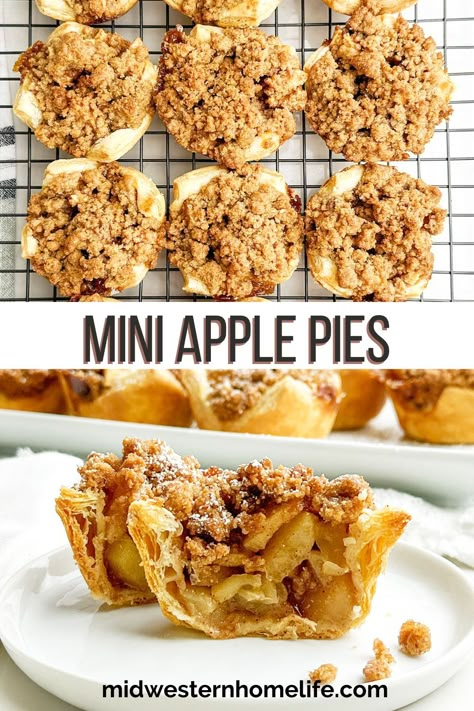 Mini Puff Pastry Apple Pies are the most adorable and delicious little muffin tin apple pies that bake in about 30 minutes. Made with easy homemade apple pie filling and cinnamon crumble topping, they have all the flavors of warm Dutch apple pie in a perfectly flaky crust. Easy Apple Pie Recipe With Premade Crust, Mini Apple Pies Easy, Small Apple Pies, Individual Apple Pies, Mini Apple Pie Recipe, Mini Pie Crust, Mini Pie Recipes, Store Bought Pie Crust, Apple Pie Bites