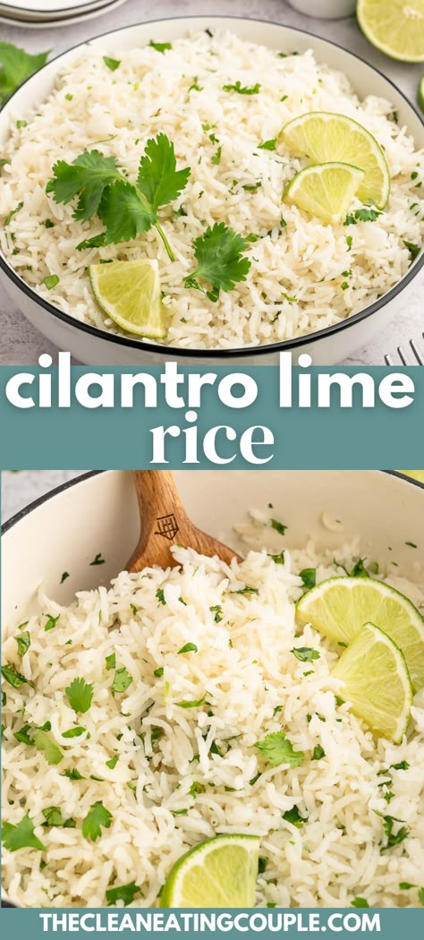 The best simple Cilantro Lime Rice Recipe! Easy to make in under 30 minutes, this healthy side dish is delicious with chicken or tacos! Cilantro Lime Rice Stove Top, Cilantro Lime Minute Rice, Lime Rice Cilantro, Easy Cilantro Lime Rice, Instant Pot Cilantro Lime Rice, Clean Eating Couple, Best Rice Recipe, Cilantro Lime Rice Recipe, Lime Rice Recipes