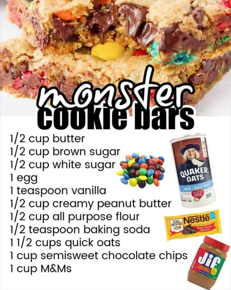 Best Cookie Recipe Ever, Monster Cookie Bars, Monster Cookie, Dessert Bar Recipe, Peanut Butter Oatmeal, Ooey Gooey, Cookie Bar Recipes, Peanut Butter Chips, Best Cookie Recipes