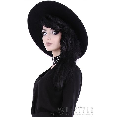 Black Gothic Hat "WITCH" Wide brim hat, stiff, nugoth headdress ($37) ❤ liked on Polyvore featuring accessories, hats, wide brim hat and gothic hats Wide Brim Black Hat, Goth Wide Brim Hat, Witch Refrences, Black Hat Aesthetic, Flat Brimmed Hat Women, Goth Hats, Gothic Hats, Wide Brim Hat Outfit, Brim Hat Outfit