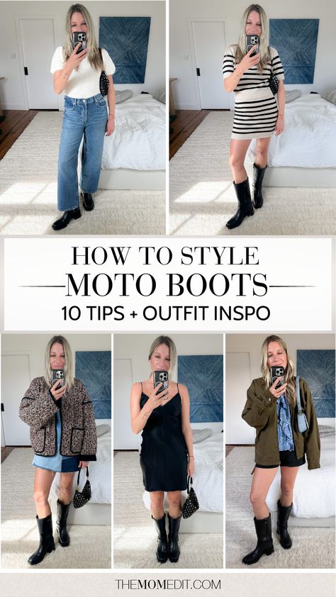 I'm particularly excited about the moto boot trend this Fall, so I've been putting my selected pair to the FULL test. I've tried them on at home with tons of looks and I'm wearing them around the city daily. Click through to the blog to find out what I've learned! | #TheMomEdit #FashionBlog #StylingTips #MotoBoots #FallOutfits #FallOutfitIdeas #FallStyle #Ootd #Reformation Skirt And Biker Boots Outfit, How To Wear Moto Boots, How To Style Moto Boots, Styling Moto Boots, Outfits With Biker Boots, Black Moto Boots Outfit, Motto Boots Outfits, Mid Calf Boots Outfit Jeans, Moto Boots Outfit Fall