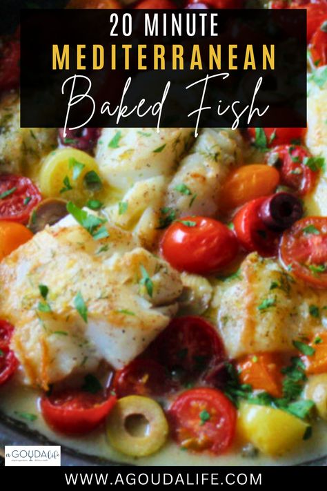 This is the BEST baked cod recipe you'll find! Tender, flaky white fish oven roasted Mediterranean style with tomatoes, olives and capers in a savory lemon-herb white wine sauce. Ready in just 20 minutes #bakedcod #mediterraneanrecipe #mediterraneancod #mediterraneanfood #mediterraneandiet #bakedfish #mediterraneanbakedfish #agoudalife Mediterranean Fish Bake, Easy Mediterranean Baked Fish, Fish Tomatoes Olives Capers, Mediterranean Cod Recipes Baked Fish, Baked Mediterranean Cod, Greek Cod Recipes, Mediterranean White Fish Recipes, Mediterranean Halibut Recipes, Cod And Shrimp Recipes