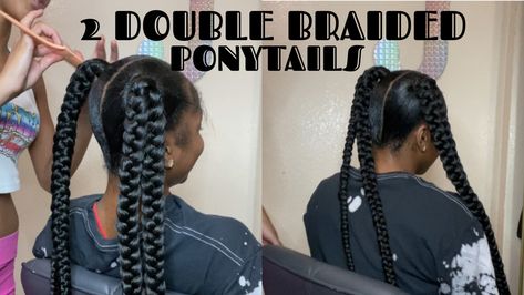 How To Do Two Ponytail Braids, 2 Double Braided Ponytails, 2 Braided Ponytail For Black Women, 2 Ponytails Braided, Simple Braided Ponytail, Double Ponytail Hairstyles, Double Braided Ponytail, Braided Ponytails, Track Hairstyles