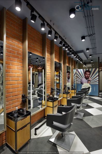 The speedily growing salon chain A one lets each of its branches sport a uniquely designed concept and when Usine Studio was asked to brew up something interesting for their 1000 sq ft Vasna Road branch in Vadodara, the duo knew just what to do. Male Salon Design, Saloon Shop Design, Hair Saloon Designs Interior, Saloon Designs Interiors, Parlour Design Interiors, Beauty Parlor Interior, Parlour Interior Design Beauty, Saloon Interiors, Beauty Parlour Interior Design