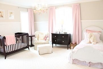 Nursery Traditional Kids Bedroom, Brown Crib, Nursery Design Girl, Baby Room Colors, Nursery Dresser, Girl Nursery Room, Nursery Room Design, Pink Curtains, Baby Room Design