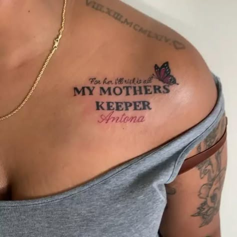 Tattoos To Get Of Your Mom, Tattoo Idea For Back Of Neck, My Mama Keeper Tattoo, Tattoo Ideas For Ur Mom, My Mother’s Keeper Tattoo, Tattoos Inspos With Meaning, Tattoos To Get For Your Mom, Mothers Keeper Tattoo, My Mothers Keeper Tattoo