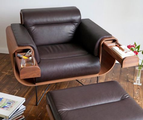 El Purista Leather Smoking Arm Chair With Slide Out Storage Pockets Charles Eames, Eames Lounge Chair, Luxury Furniture, Recliner Chair, Furniture Chair, Cool Furniture, Chair Design, Man Cave, Wood Projects