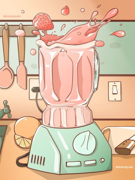 Milkshake Illustration, Kitchen Blenders, Strawberry Milkshake, Kitchen Paint, Pastel Drawing, Pastel Art, Kawaii Art, Kitchen Art, Cute Illustration