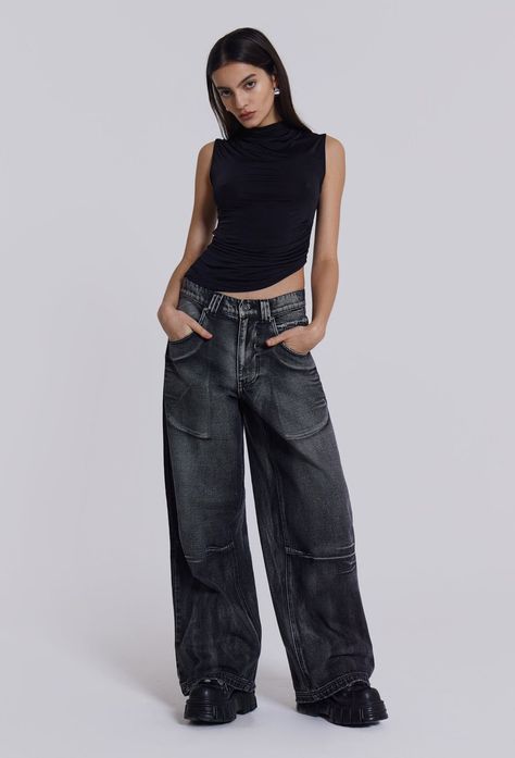 Black Wing Low Rise Colossus Jeans | Jaded London Black Ethereal, Colossus Jeans, Puzzle Graphic, Lookbook Ideas, London Clothing, Denim Corset Top, Light Colours, London Outfit, Plunge Dress