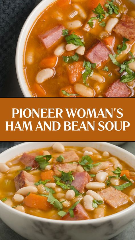 Pioneer Woman's Ham and Bean Soup Pioneer Woman Bean And Bacon Soup, Ham And Tomato Soup, Ham And Bean Soup Recipes Canned Beans, 5 Can Soup Recipe Pioneer Woman, Hearty Ham And Bean Soup, Old Fashioned Ham And Beans, Pioneer Woman Ham And Bean Soup, Ham And Bean Soup Recipes With Great Northern Beans, Ham And Bean Soups