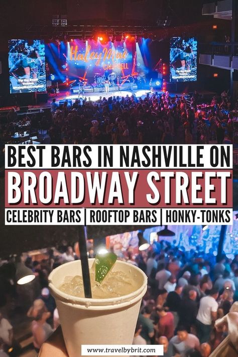 If you're in Nashville, you can't miss the chance to check out some of these celebrity bars, honky-tonks, and rooftop bars on Lower Broadway Street in Nashville for live music, line-dancing lessons, and great food & drinks! #broadwaystreet #broadwaynashville #lowerbroadwaynashville Best Bars In Nashville, Country Bars, Broadway In Nashville, Nashville Broadway, Nashville Tennessee Vacation, Nashville Bars, Broadway Street, Nashville Travel Guide, Tennessee Road Trip