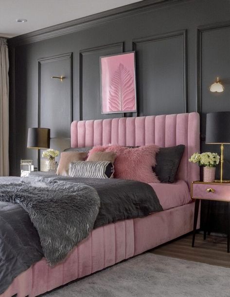 Sophisticated Pink and Black Bedroom Black Pink And Grey Bedroom Ideas, Pink And Black Room, Pink And Black Bedroom Ideas, Pink And Black Bedroom, Pink And Grey Bedroom, Charcoal Bedroom, Black Bedroom Ideas, Paris Bedroom, Pink Bedroom For Girls