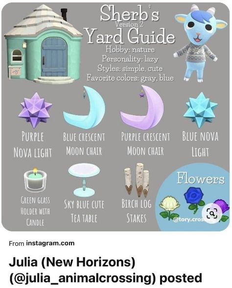 Animal Crossing Sherb Yard, Acnh Sherb Yard Guide, Animal Crossing Yard Guide, Sherb Animal Crossing, Moon Chair, Birch Logs, Flower Lights, Animal Games, Tea Table