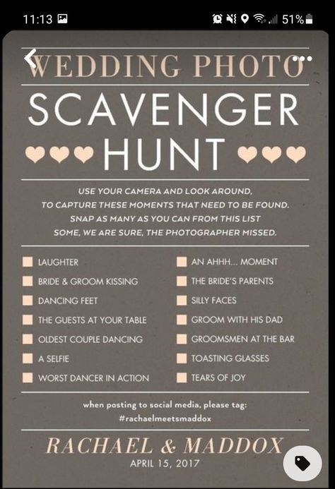 Wedding Photo Scavenger Hunt, Wedding Scavenger Hunt, Tangled Wedding, 25th Wedding Anniversary Party, Anniversary Plans, Hunting Wedding, Wedding Caterer, Polaroid Wedding, 25th Anniversary Party