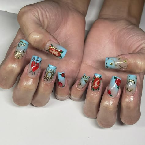 Tarot Nails Art, Cherub Nail Art, Tarot Card Nails, Cherub Nails, Tarot Nails, Nails Work, Venus Sign, Gold Nail Art, Chrome Nail Art