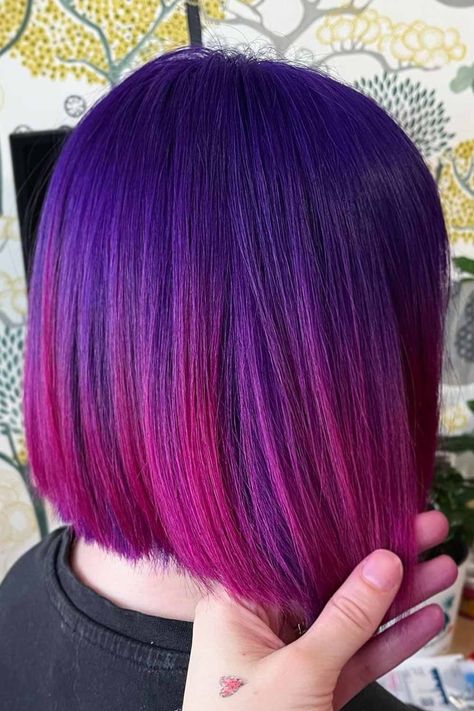 Blue And Purple Hair Looks That Will Amaze You ★ Blue and Purple Ombre on Short Bob Purple Hair Pink Tips, Ombre Hair Men, Blue Pink Hair, Purple Hair Color Ombre, Blue And Purple Hair, Purple Hair Color, Pink Purple Hair, Pink Ombre Hair, Purple Ombre Hair