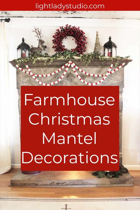 Christmas fireplace with fire in it decorated for Christmas with the caption Farmhouse Christmas Mantel Decorations Country Christmas Mantle Decor, Farmhouse Christmas Mantel Decor, Fireplace Mantel Christmas Decor Ideas, Christmas Mantles Decorations, Simple Mantle Christmas Decor, Red Christmas Mantle, Farmhouse Christmas Mantle Ideas, Christmas Mantle Decor Fireplaces Rustic, Christmas Hearth Decor