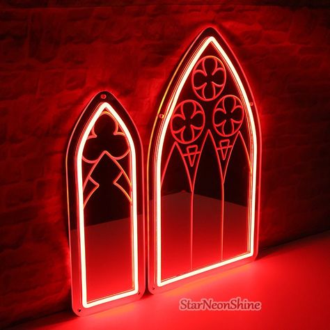 Enhance your decor with our Gothic Mirror Neon Sign, ideal for Victorian Gothic home styling. Perfect as a bedside decoration, it adds an enchanting, mysterious glow to your space. This unique piece is a great gift for goth enthusiasts, bringing a touch of dark elegance to any room. Neon and engraved gothic mirror neon sign! Neon Sign x 1 110-240 Volt Adapter x 1 Mounting pins x 1 set Dimmer Processing Time: The sign is ready to ship within 5-8 working days. Shipping takes approximately 5-10 day Witchy Red Aesthetic, Light Gothic Home Decor, Dark Gothic Interior, Goth Mirror Pics, Goth Vintage Decor, Coffin Yard Decoration, Retro Goth Decor, Red Goth Bedroom, Gothic Apartment Aesthetic