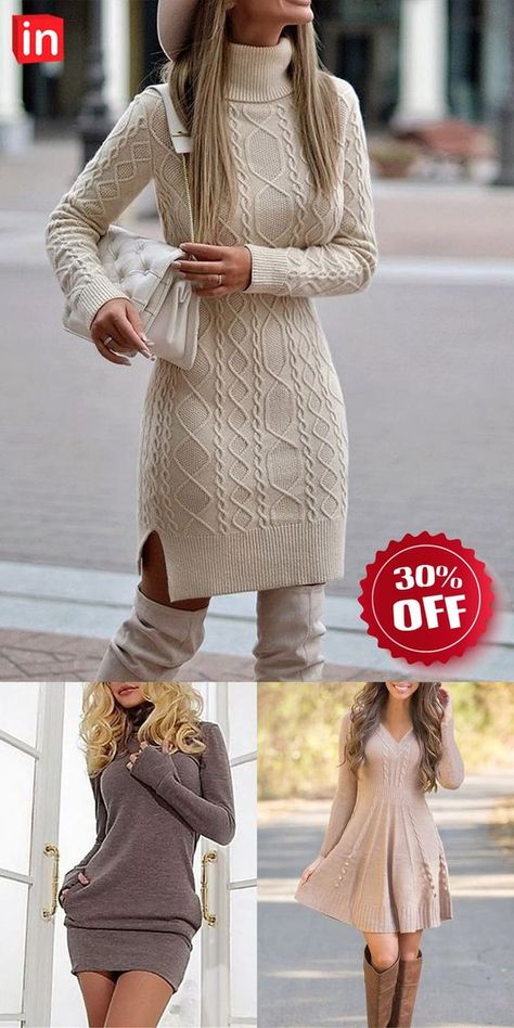 Trendy Street Style Outfits, Casual Dress Short, Sweater Dresses For Women, Sweater Jumper Dress, Winter Sweater Dresses, Winter Turtleneck, Beige Long Sleeve, Sweater Dress Outfit, Couture Mode