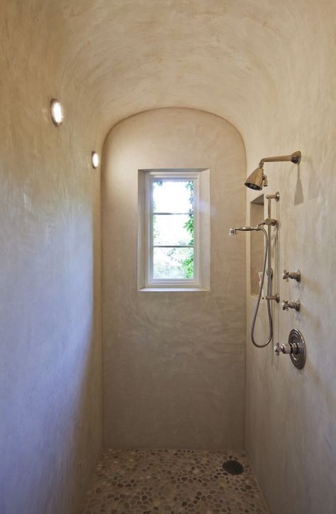 Pebble Shower Floor, plaster walls Mediterranean, bathroom, Ryan Street and Associates Pebble Shower Floor, Mediterranean Bathroom, Shower Lighting, Concrete Bathroom, Shower Fixtures, Steam Showers Bathroom, Plaster Walls, Shower Stall, House Bathroom