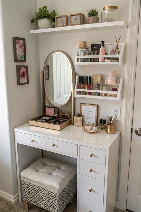 22+ Clever Makeup Vanity Ideas for Small Spaces Makeup Vanity And Computer Desk Combo, Small Makeup Storage Ideas, Ikea Hack Makeup Vanity, Teen Vanity Desk, Small Vanity Table Ideas, Vanity Nightstand Combo, Narrow Makeup Vanity, Small Vanity Desk Ideas, Vanity Space In Bedroom