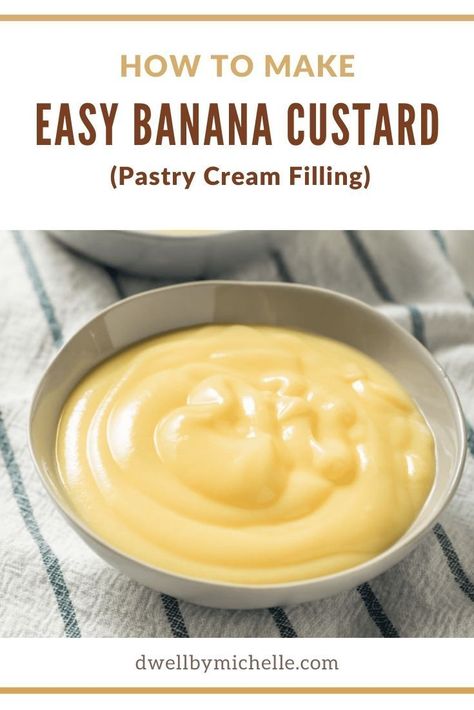 This easy Banana Custard recipe is super quick to make and is seriously SO GOOD. A foolproof banana custard recipe that is delicious served on its own, or used as a pie, tart, cake, and pastry filling. Banana Cake Filling Recipe, Doughnuts Filling Recipe, Custard Pie Filling, Banana Filling, Banana Cream Recipes, Banana Custard, Custard Filling Recipe Easy, Banana Curd, Banana Filling For Cake