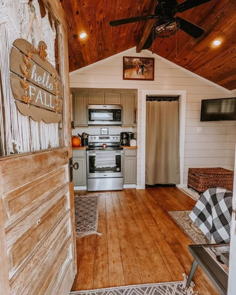 This Texas tiny farmhouse is the perfect space for a small family! A budget-friendly home that was built for just under $15,000! Shed To Tiny Home, 16x40 Shed House Interior, 16x40 Shed House, Shed House Interior, Inside Tiny Houses, Tiny Farmhouse, Shed House Plans, Tiny House Camper, Tiny House Interior Design