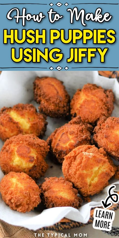 Crispy! Sweet! Savory! These Jiffy Hush Puppies are the best and easiest hush puppies ever. Perfect as an appetizer or a side for your fish dinner, this classic recipe is sure to be a family favorite. Fry them the traditional way or use your air fryer for a healthy alternative. To make them, you only need a few simple ingredients like jiffy mix, flour, minced onion, milk, and eggs. For a fun twist, you can add some chopped jalapeños or cheese to the mix. Jiffy Hush Puppies Recipe Easy, Hush Puppy Cornbread, Healthy Hush Puppies Recipe, Home Made Hush Puppies, Fry Daddy Recipes Deep Fryer, Copycat Long John Silvers Hush Puppies, Hush Puppies Recipe Easy Jiffy, Gluten Free Hush Puppies Recipe, Air Fryer Hush Puppies Recipe