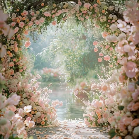 Enchanted Garden Arches - Outdoor Wedding Arches: Gateway to Romance  Step into a Monet-inspired romance with these pastel-adorned garden arches, perfect for saying "I do" under the spring sun. Enchanted Garden Background, Enchanted Flower Garden, Garden Themed Backdrop, Wedding Venues Spring, Pastel Fairytale Wedding, Spring Fairytale Wedding, Secret Garden Themed Wedding, Sunset Garden Wedding, Wedding Spring Theme