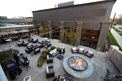 Outdoor event space with a firepit Firepit Design, Outdoor Meeting Space, Outdoor Event Space, Outdoor Gathering Area, Event Venue Design, Event Space Design, Event Venue Spaces, Event Entrance, Events Place