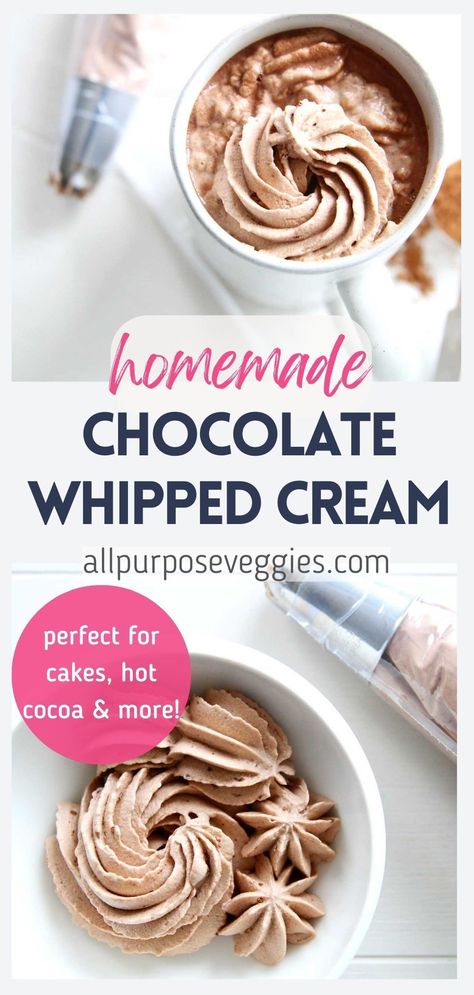 This Easy No-Fuss Chocolate Whipped Cream (also called Chantilly Cream) is made with heavy cream, sugar, vanilla extract and cocoa powder - made in just one bowl, a few minutes and NO mess of melting chocolate over a double boiler. It's absolutely perfect with black coffee and even better with hot chocolate. #whippedcream #chantillycream #chocolatewhippedcream #chocolaterecipes Homemade Christmas Desserts, Peanut Butter Banana Pancakes, Whipped Cream Recipe, Avocado Ice Cream, Recipes With Whipping Cream, Chocolate Whipped Cream, Christmas Recipes Easy, Chantilly Cream, Dessert Toppings