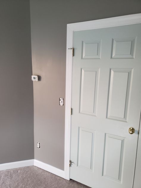 This is our master bedroom. We chose sea salt paint color because we have toddlers and the doors get dirty too easily with white. I’m in love with the color because it’s subtle yet pretty. I thought I’d share in case anyone else was wondering how a sea salt door would turn out Sea Salt Door, Sea Salt Paint Color, Salt Paint, Sea Salt Paint, Boy Room Paint, Gray Walls, Painted Doors, Closet Doors, Room Paint