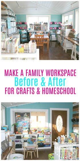 Make an awesome family workspace for crafts and homeschool... #craftroom #studio #homeschoolroom #creativespace Family Workspace, Quilting Storage, Space Learning, Dollar Diy, Office Fun, Craft Closet, Arts And Crafts Storage, Room Organisation, Homeschool Crafts