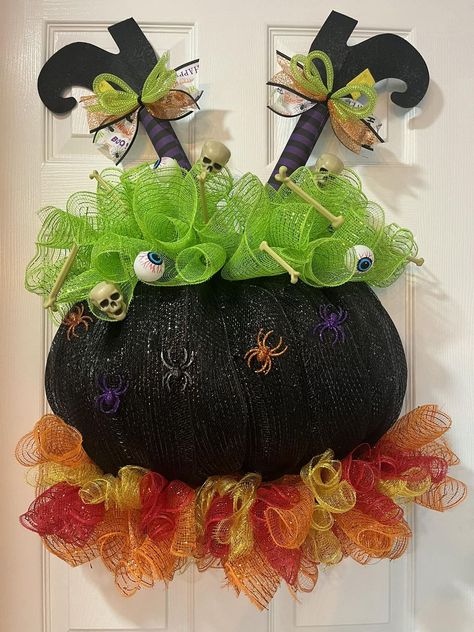 Kristy's Craft Room - Craft Sharing Group | Witch’s Cauldron, made from a pumpkin wreath form and mesh Cauldron Wreath, Pumpkin Wreath Form, Dollar Tree Halloween Decor, Pumpkin Wreath Diy, Glass Spider, Spooky October, Halloween Witch Wreath, Fall Decor Diy Crafts, Fall Decor Dollar Tree