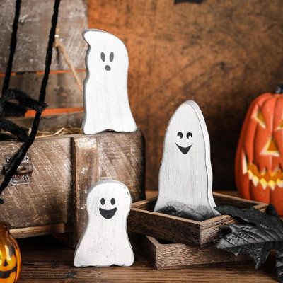 You'll receive 3 ghosts of different sizes with simple, classic yet vivid designs, catering to different occasion needs and showing variety's beauty. | The Holiday Aisle® 3-Piece Halloween Decor Set for Tiered Tray Brown/White, Wood | C111760572 | Wayfair Canada 3 Ghosts, Halloween 4, Ghost Decoration, Game Room Furniture, Outdoor Shade, The Holiday Aisle, Wall Display, Tiered Tray, White Wood