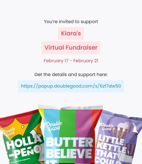 Hi! I’m doing a virtual fundraiser selling Double Good ultra-premium popcorn for 4 days from Saturday, Feb 17 - Wednesday, Feb 21. Get all the details and support here: https://popup.doublegood.com/s/6zf7dw50 Popcorn Fundraiser, National Honor Society, Best Popcorn, Jalapeno Recipes, 17 August, 9 September, Honor Society, 4 December, Dance Tips