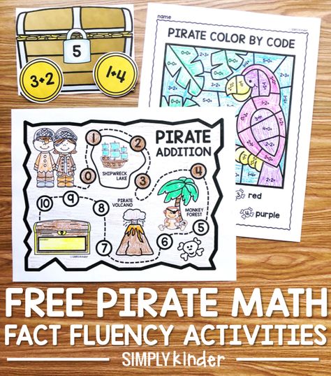 Free math fact fluency activities perfect for your kindergarten and first grade students. Students will love using the pirate map to navigate the facts they have mastered. They will use the activities like color by codes and a center to work on their facts. Pirate Math Worksheets, Pirate Day First Grade, Pirates Kindergarten Activities, Pirate Activities For Kindergarten, Pirate Kindergarten, Pirates Kindergarten, Pirate Maths Activities, Fact Fluency Activities, Math Facts Practice