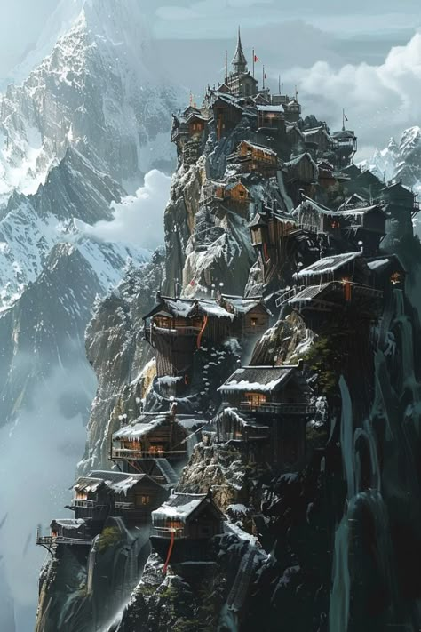 A village built by crazy people afraid of connection. Though a village each house is standalone and there are no community areas. All residents stay away from each other, barely any contact. To even traverse the mountain they need to use loose handing ladders and ropes to scale it. Not worth the risk. River Village Fantasy Art, Nordic Concept Art, Fantasy Mountain Town, Mountain Civilization, Minecraft Mountain Village Ideas, Fantasy Snow Village, Mountain Village Fantasy Art, Fantasy Mountain City, Fantasy Mountain Village