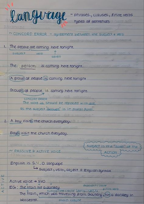 #aestheticstudynotes #englishlanguagenotes #activeandpassivevoice #easyA #concorderrors #summarynotes Language Study Notes, Handwriting Inspo, 9th Grade English, Summary Notes, Review Notes, English Notes, Active And Passive Voice, Notes Inspo, Passive Voice