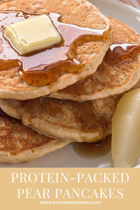 These pear pancakes, packed with protein, are the perfect fuel to start your day! Pear Pancakes, Canned Pears, Better Breakfast, Oat Pancakes, Pancake Stack, Pear Recipes, Protein Pancakes, Protein Breakfast, Protein Pack