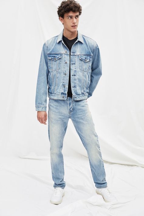 Gap 2019 Men’s Denim Through the Decades Collection Blue Denim Outfit Men, Men Jeans Trend 2023, Gap Photoshoot, Mens Denim On Denim Outfits, Denim On Denim Men Outfits, Denim Look Men, Guys Denim Outfit, Double Denim Men, Denim On Denim Outfit Men