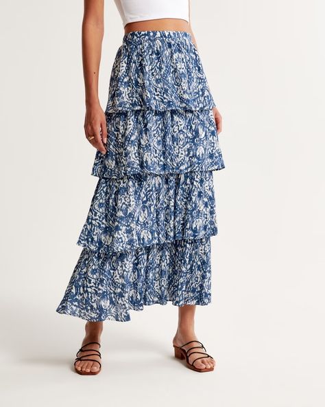 Women's Tiered Crinkle Textured Maxi Skirt | Women's Bottoms | Abercrombie.com Cute Long Skirts, Blue Maxi Skirt, Blue And White Pattern, Modesty Outfits, Tiered Maxi Skirt, Womens Maxi Skirts, Women's Bottoms, American Clothing, Tiered Maxi Dress