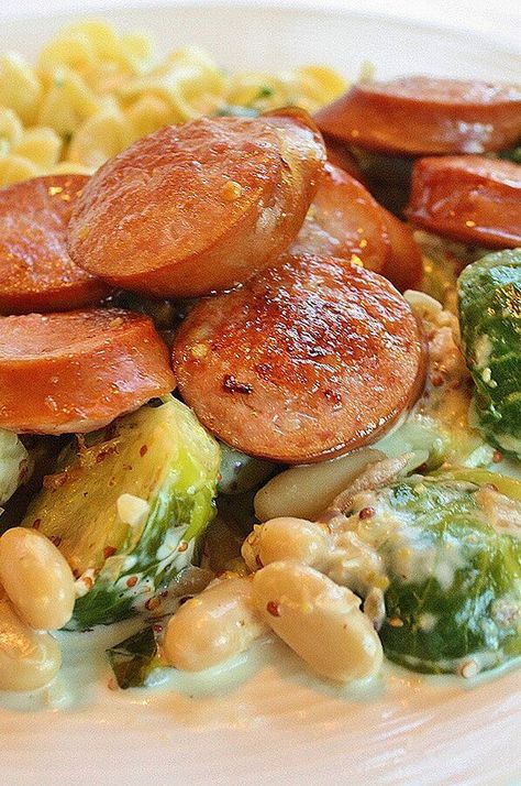 Mustard Cream Sauce, Bean Dishes, Creamy Mustard Sauce, Kielbasa Sausage, Cream Sauce Recipes, Sprout Recipes, Kielbasa, All I Ever Wanted, Sausage Recipes