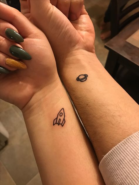 Matching tattoo. Rocket ship and planet @dopeshyt_kilo Aztec Ink Elizabeth NJ Nj Tattoo, Infected Tattoo, Matching Bff Tattoos, Matching Friend Tattoos, Matching Best Friend Tattoos, Cute Couple Tattoos, Small Couple Tattoos, Bff Tattoos, Friendship Tattoos