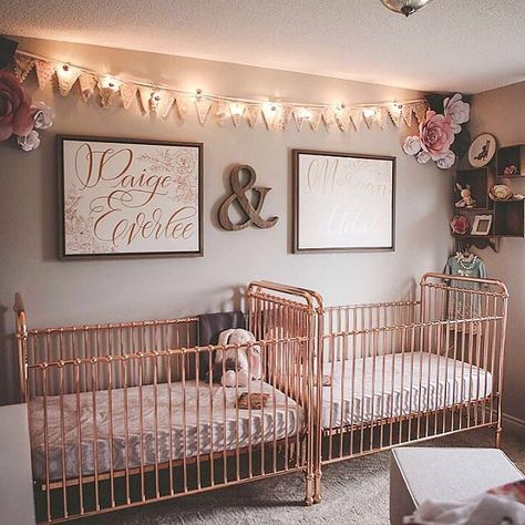 Double the rose gold love in this sweet twins nursery from @emileestucky. Twin Baby Rooms, Twin Girls Nursery, Gold Crib, Twins Nursery, Luxury Nursery, Girl Nursery Room, Twins Room, Nursery Baby Room, Project Nursery